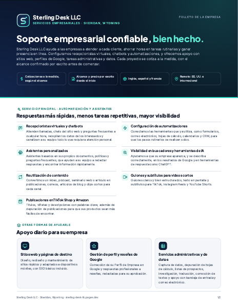 Sterling Desk LLC brochure cover, Spanish