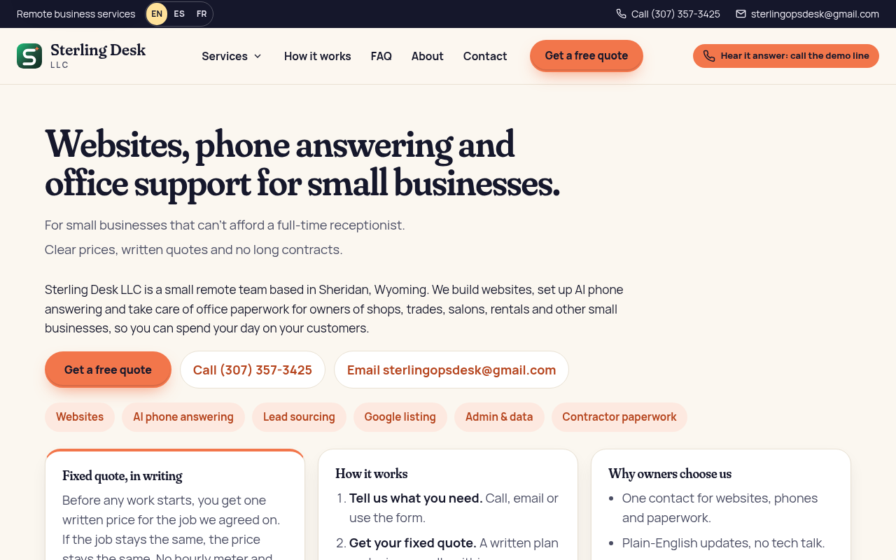 Sterling Desk LLC home page on a desktop screen